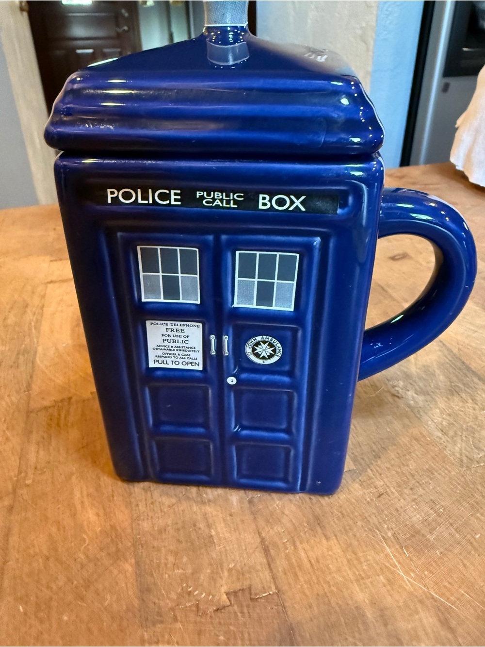 Blue TARDIS Ceramic Mug Doctor Who Inspired Home Accent Cup with Lid Police Box